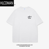 HLCOMAN小鲨鱼美式短袖t恤男白色夏季男士半袖体恤