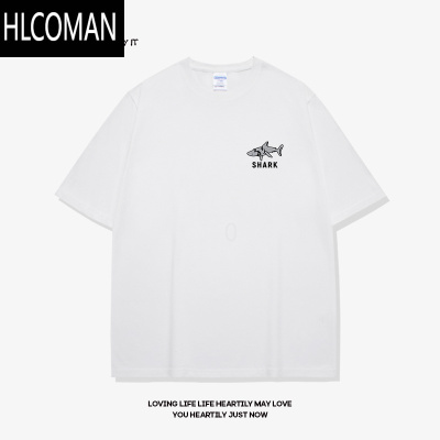 HLCOMAN小鲨鱼美式短袖t恤男白色夏季男士半袖体恤