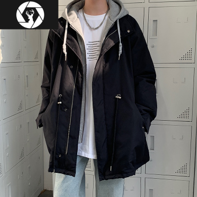 HongZun大衣男冬季加厚棉服中长款假两件棉衣韩版潮流港风潮牌工装外套bf棉衣
