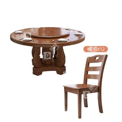 居将实木餐桌圆形餐桌椅组合1.8米圆桌12把餐椅