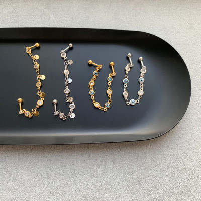 韩国进口双耳洞链式镶钻流苏个性时尚耳骨钉送女朋友老婆情人节七夕生日礼物