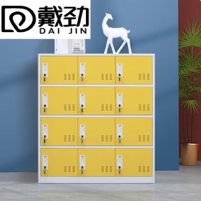 戴劲多门更衣柜带锁工具柜教室学生书包柜多格子收纳柜 白黄十二门