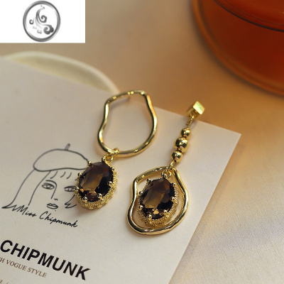 JiMi复古茶色不对称耳环2023新款耳夹女无耳洞耳坠高级感耳饰耳钉