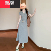 YIBUSHENG2024新款法式小个子短袖连衣裙子季女装设计感收腰气质包臀长裙