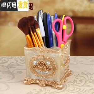 三维工匠欧式树脂化妆刷收纳筒韩国创意礼品时尚摆件化妆笔收纳笔筒 香槟玫瑰笔筒方形款