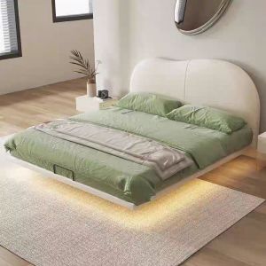 2025新款真皮悬浮床现代简约主卧室双人床网红奶油风云朵软包床极简时尚