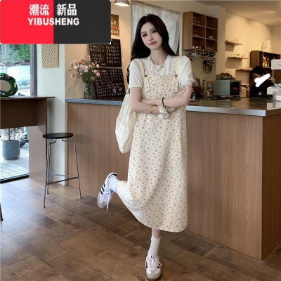 YIBUSHENG港风复古牛仔背带连衣裙女2024季新款小清新碎花无袖大码吊带裙