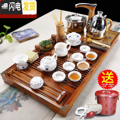 三维工匠紫砂功夫茶具套装家用客厅泡茶茶杯全自动茶盘办公室实木茶台茶道 18木色马到成功玲珑全自动