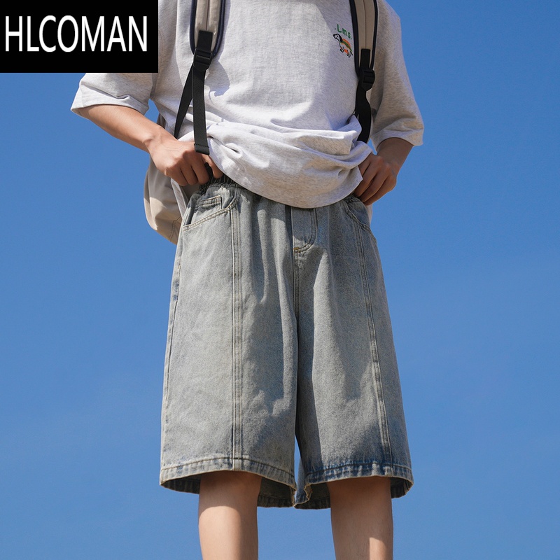HLCOMAN@ 复古水洗牛仔短裤男夏季美式外穿宽松拼接男生五分裤