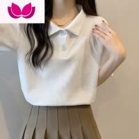 七斓夏季2023新款正肩polo衫短袖T恤女设计感华夫格翻领宽松显瘦上衣