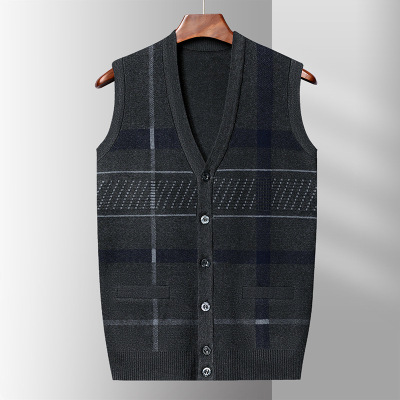 秋冬新款男式针织开衫马甲秋冬休闲无袖爸爸装羊毛背心出口