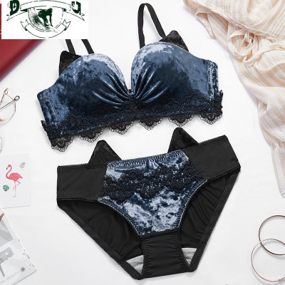 HLCOMAN原创-丝绒内衣女小胸聚拢无钢圈调整型文胸罩收副乳内裤一套装胸罩