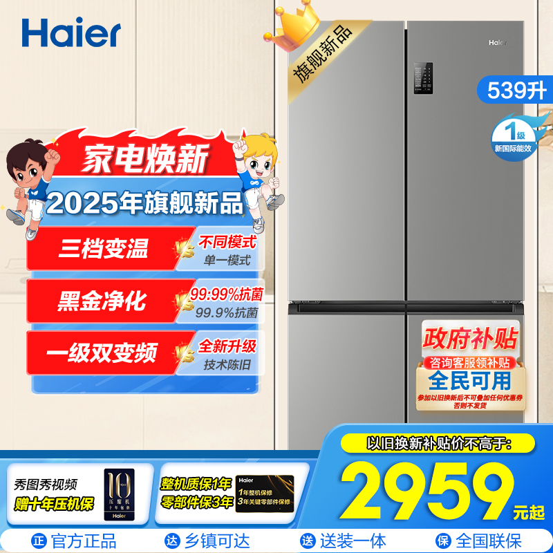 海尔(Haier)539L大容量三档变温黑金净化一级双变频WIFI智能联网旗舰新品 BCD-539WGHTDEDH9U1