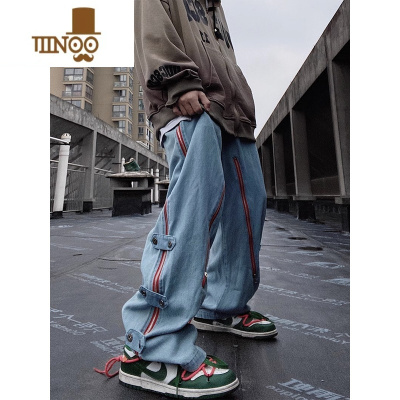 YANXU美式复古嘻哈排扣牛仔裤侧拉链男直筒宽松大码开叉高街拖地长裤男
