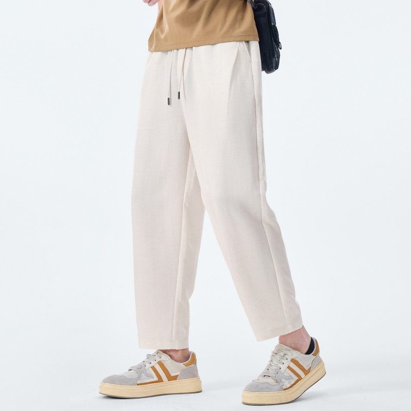 高街潮牌男士亚麻九分裤夏季宽松直筒休闲裤薄款透气垂感长裤男