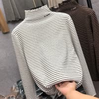 德绒半高领条纹长袖内搭T恤打底衫女秋冬新款木耳边学生上衣