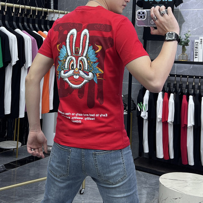 夏季兔年新款短袖T恤男装圆领时尚印花半袖体恤衫上衣男潮流_1