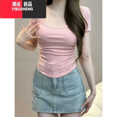 YIBUSHENG甜辣小上衣季新款短袖正肩女t恤辣妹纯欲风卡腰紧身独特短款潮