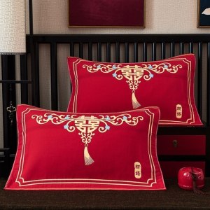 美帮汇枕巾结婚款 喜庆红大全棉全棉纱布枕巾一对装婚庆床上中国风