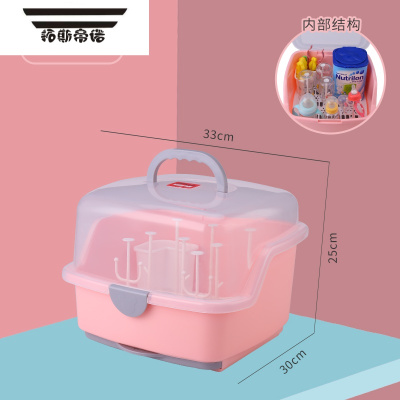 拓斯帝诺婴儿奶瓶收纳盒便携式宝宝餐具储存盒沥水防尘晾干架奶粉盒经典款粉色(送支架)