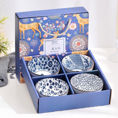 日本家用日式碗筷套装青花瓷碗礼盒装复古陶瓷餐具礼品碗拓进