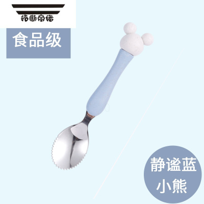 拓斯帝诺婴儿刮泥勺子辅食果泥水果新生宝宝吃苹果挖幼儿童两用双头的静谧蓝(小熊头款)-单个勺