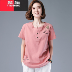 YIBUSHENG棉麻t恤女季年轻妈妈短袖上衣大码高端体恤中年女士民族风衣服