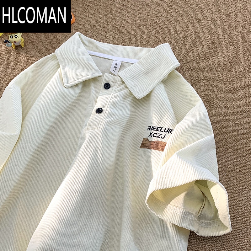 HLCOMAN刺绣华夫格t恤男款短袖翻领polo衫夏季美式潮牌宽松五分半袖