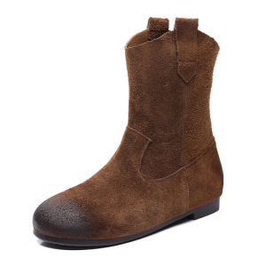 头层牛皮短靴女秋冬新款复古西部牛仔靴圆头百搭套筒女靴平底