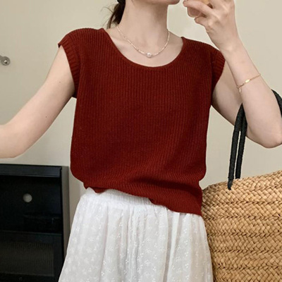 韩系时尚简约冰丝针织短袖T恤女夏季宽松小个子短款背心小众上衣