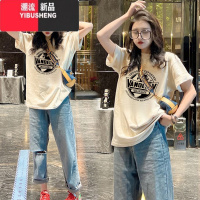 YIBUSHENG美式复古t恤女大码宽松显瘦个性印花奶油杏短袖女上衣ins潮