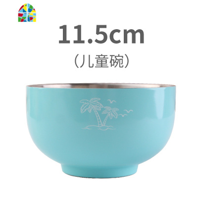 韩式炫彩304不锈钢碗家用成人餐具碗双层隔热保温儿童碗创意加厚 FENGHOU 11.5cm橘红