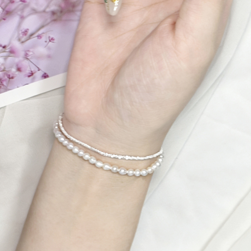 北京黄金925银天然珍珠手链电银闪花双手链 双层叠戴设计可调节大小百搭轻奢手链