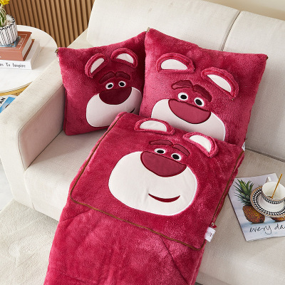 新款北极绒立体卡通刺绣抱枕被 大耳朵熊 粉粉猪蓝仔仔愤怒猫