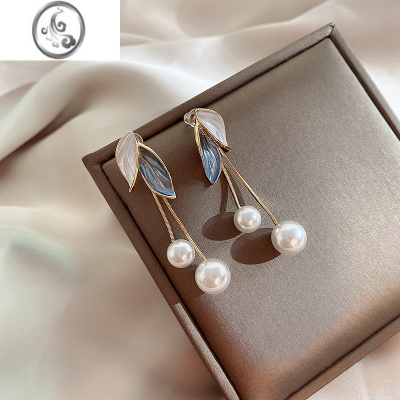 JiMi新款树叶珍珠耳环女耳钉耳夹甜美仙气耳坠女夏小众高级感银针耳饰