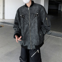 男装潮牌美式蜘蛛机车PU皮衣男春秋季宽松休闲棒球服立领男士外套