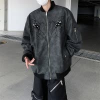 男装潮牌美式蜘蛛机车PU皮衣男春秋季宽松休闲棒球服立领男士外套