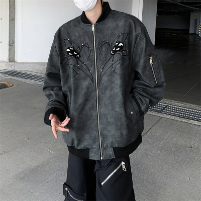 男装潮牌美式蜘蛛机车PU皮衣男春秋季宽松休闲棒球服立领男士外套