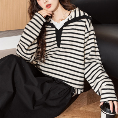[清仓1折价52.9元,不叠加优惠券]秋唐狮冬女领条纹宽松套头毛衣减龄百搭慵懒风温柔休闲潮