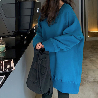 SUNTEKbf慵懒风蓝色卫衣无帽女中长款宽松包臀港风大码上衣加绒加厚外穿卫衣