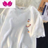 七斓华夫格短袖t恤男潮流夏季潮牌卡通印花五分袖宽松百搭半袖打底衫