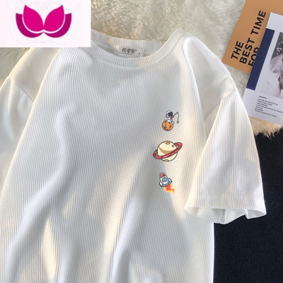 七斓华夫格短袖t恤男潮流夏季潮牌卡通印花五分袖宽松百搭半袖打底衫