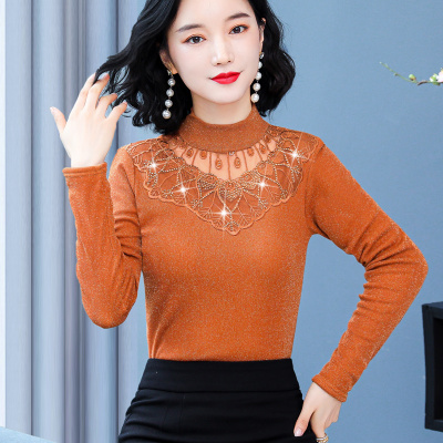 YIBUSHENG加绒半高领打底衫长袖女秋冬大码女装新款潮保暖蕾丝衫银丝上衣服