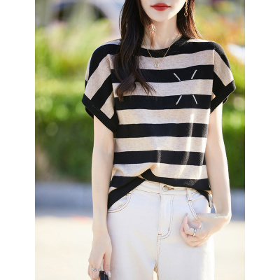 夏季新款女士针织衫安迪绒短袖T恤条纹大码女装遮肚子上衣T恤