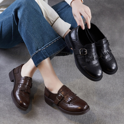 头层牛皮英伦苏真皮乐福鞋女2026春新款百搭通勤布洛克小皮鞋