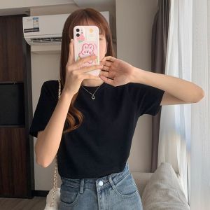 6535棉韩版纯色复古短袖T恤女新款百搭宽松学生显瘦休闲上衣