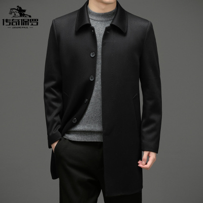 传奇保罗（CHUANQIBAOLUO）中年新品商务单排扣外套休闲毛呢大衣纯色中长款风衣男