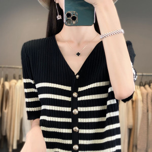 新法式V领条纹短袖针织开衫女夏季新款气质减龄遮肉显瘦百搭上衣