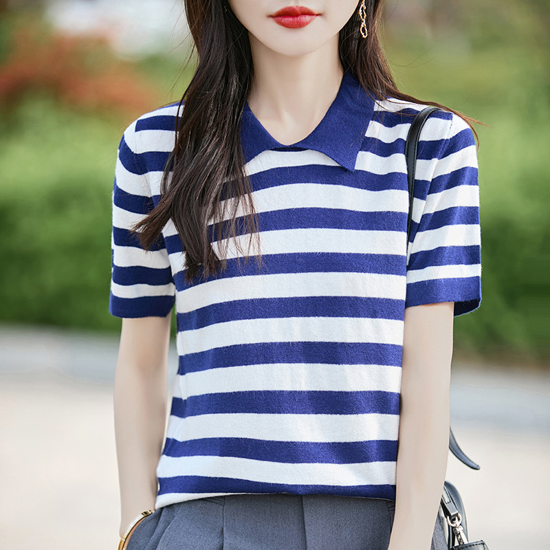 夏季新款女装针织短袖韩版POLO领条纹撞色针织T恤外套女上衣