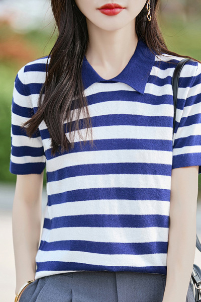 夏季新款女装针织短袖韩版POLO领条纹撞色针织T恤外套女上衣